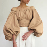 Voguable Fashion Sexy Off Shoulder Blouses Women Spring Summer Lantern Long Sleeve Shirts Print Top Vintage Holiday Elegant Shirt Blusas voguable