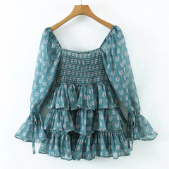 Voguable Summer Women Floral Print Ruffle Cake Chiffon Dress Sexy Collar Long Sleeve Holiday Vintage Dress Ladies Short Robe voguable