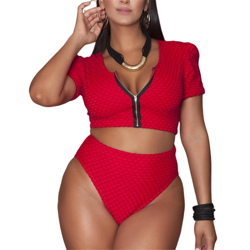 Voguable Swimsuit Large Size Women 4XL xxxl Plus Bikini Set Pad Zipper Swimwear 2022 High Waist Monokini Female Short Sleeve Bathing Suit voguable