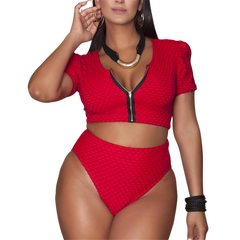 Voguable Swimsuit Large Size Women 4XL xxxl Plus Bikini Set Pad Zipper Swimwear 2022 High Waist Monokini Female Short Sleeve Bathing Suit voguable