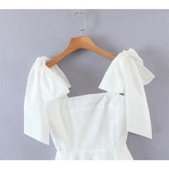 Voguable Summer Women Shoulder Sweet Bow Tie Elegant White Dress Sexy Sleeveless Square Neck A-line Mini Holiday Dress Lady Robe voguable