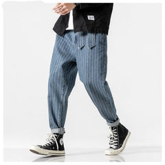 Voguable  Men's 2021 Streetwear Loose Denim Pants With Belt Men Spring Striped Oversize Harem Pants Male Fashion Pockets Jeans voguable