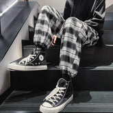 Voguable Korean Men Plaid Pants Vintage Drawstring Joggers Wide Straight Trousers Man Streetwear Fashion Black White Checkered Pants voguable