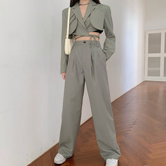 Women Sexy New Chic Crop Blazer Jacket &High Waist Trousers Suits Wide Leg Pants Outfit 2-Piece Set Fashion For Female Summer voguable