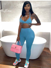 Voguable  2022 Sleeveless Halter Solid Bandage Bra Pants 2 Pieces Set Sexy Summer Women Streetwear Y2K Club Outfits Bikini voguable