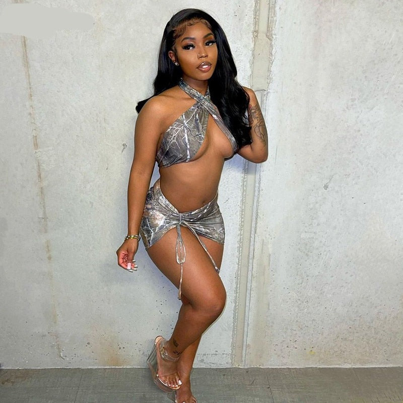 Voguable Vintage Print Sleeveless Bandage Sexy Crop Top Skirt 2 Pieces Set Summer Women Fashion Streetwear Y2K Tracksuit voguable