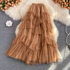 Autumn Vintage Purple/Khaki/Black Ruffle Mesh Skirt Women Sweet High Waist A-Line Irregular Party Draped Faldas Female Saias New voguable