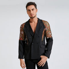 Voguable Men Blazer Mesh Patchwork See Through Streetwear Double Breasted Lapel Long Sleeve Outerwear Fashion Men Casual Suits INCERUN voguable