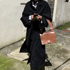 Voguable Elegant Chic Lapel Women Long Blend Coats Vintage Loose Warm Full Sleeve Lace-up Thicken Ladies Woolen Jackets Winter voguable