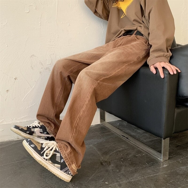 Voguable  2022 Trendyol Jeans Men Brown Blue Denim Trousers Ripped Bottom Full Straight Casual Pants Man voguable