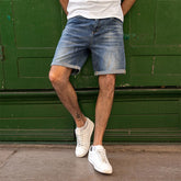 KUEGOU Cotton Stretch Denim Shorts Wash Wear Men Fashion Short Jeans Summer Moustache Effect High Quality Clothing Blue KK-3026 voguable