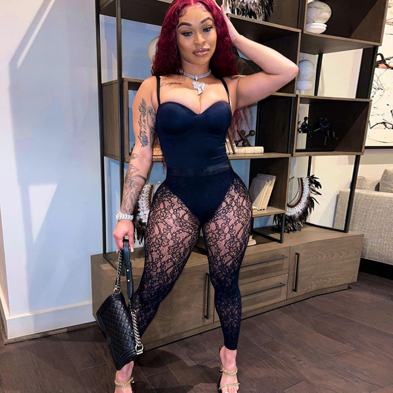 Voguable  Women Slip Backless Long Black Body Slim Lace Jumpsuits 2021 Autumn Fashion Elegant Sexy Club Overalls Outfits voguable