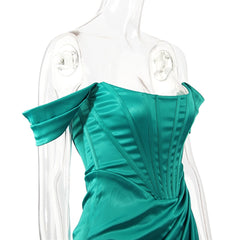 Off the Shoulder Satin Corset Draped Midi Dress Solid Quality Women Elegant Sexy Outfit Celebrity Birthday Party Dress voguable