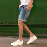 KUEGOU Cotton Stretch Denim Shorts Wash Wear Men Fashion Short Jeans Summer Moustache Effect High Quality Clothing Blue KK-3026 voguable