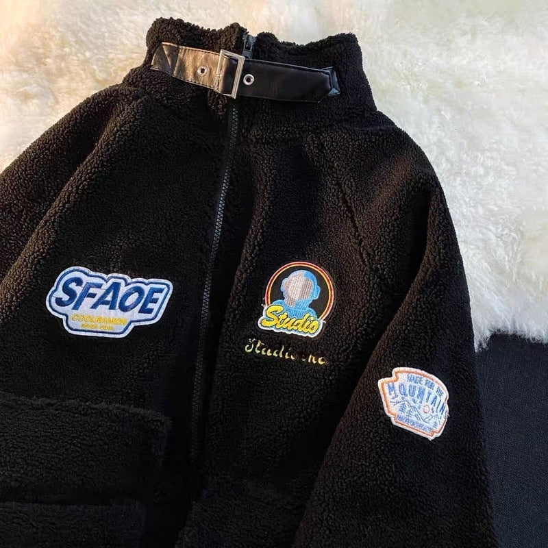 Voguable Printed Sweatshirt with Zipper Cardigan Male Plush Blouse Fleece Jacket Men's Coat Black Korean Streetwear Hip Hop voguable