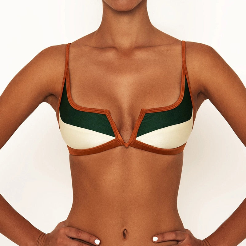 Voguable Vintage Retro Bikini Patchwork Swimsuit Thong Brazilian Sexy Swimwear Female 2021 New Summer Micro V-bar Green Bathing Suits voguable