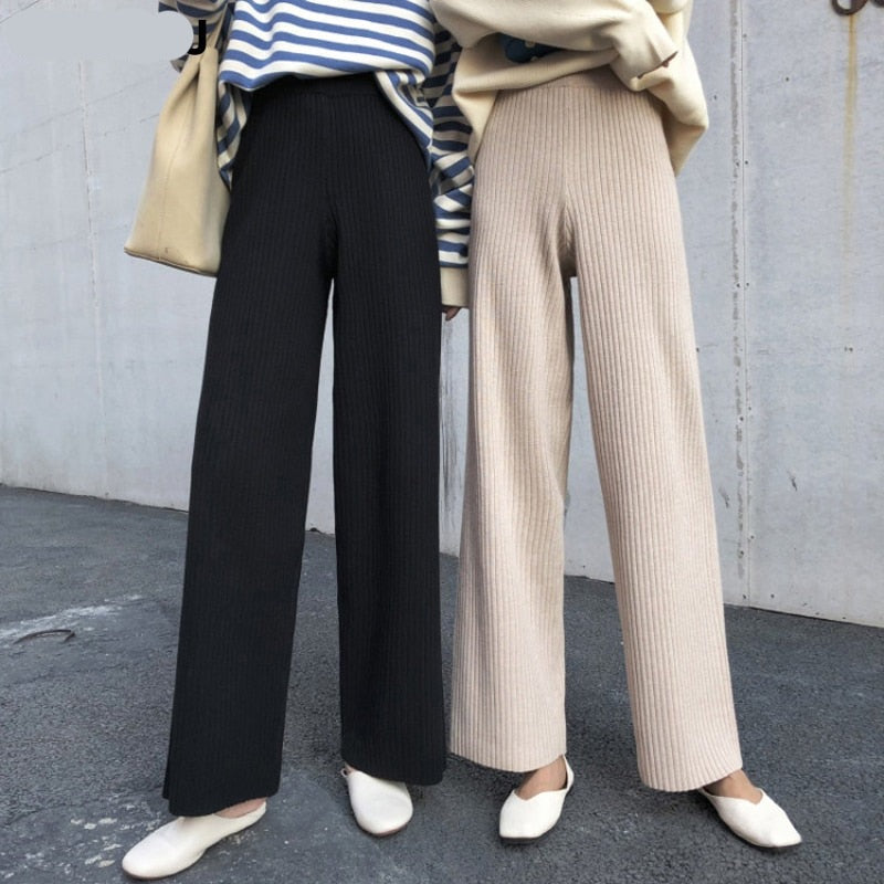 2022 new casual straight pants women female drawstring loose high waist knitted wide leg pants casual Trousers voguable