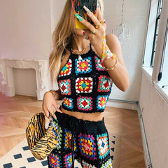 Hand knit Crocheted tops women square pattern retro summer cami Tops Halter Swimwear cover up blouse boho top voguable