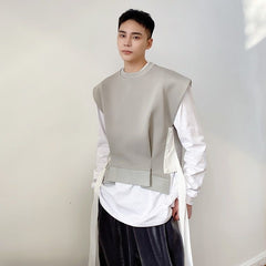 Korean Tide Personalized Ribbon Round Neck Men's Vest Trend Autumn Fashionable Pullover Niche Design Grey Waistcoat 9A0671 voguable