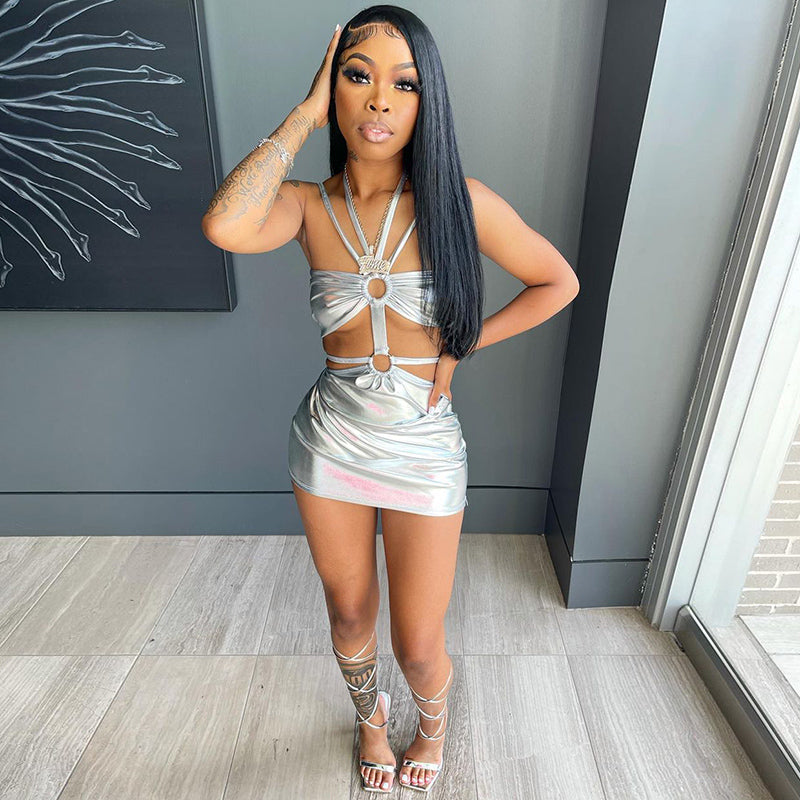 Voguable Solid Sleeveless Bodycon Halter Hollow Out Sexy Mini Dress 2021 Summer Women Fashion Streetwear Outfits Y2K voguable