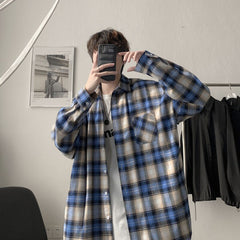 Spring And Autumn Plaid Shirt Men's Fashion Retro Casual Shirt Men Streetwear Korean Loose Long-sleeved Shirts Mens M-XL voguable