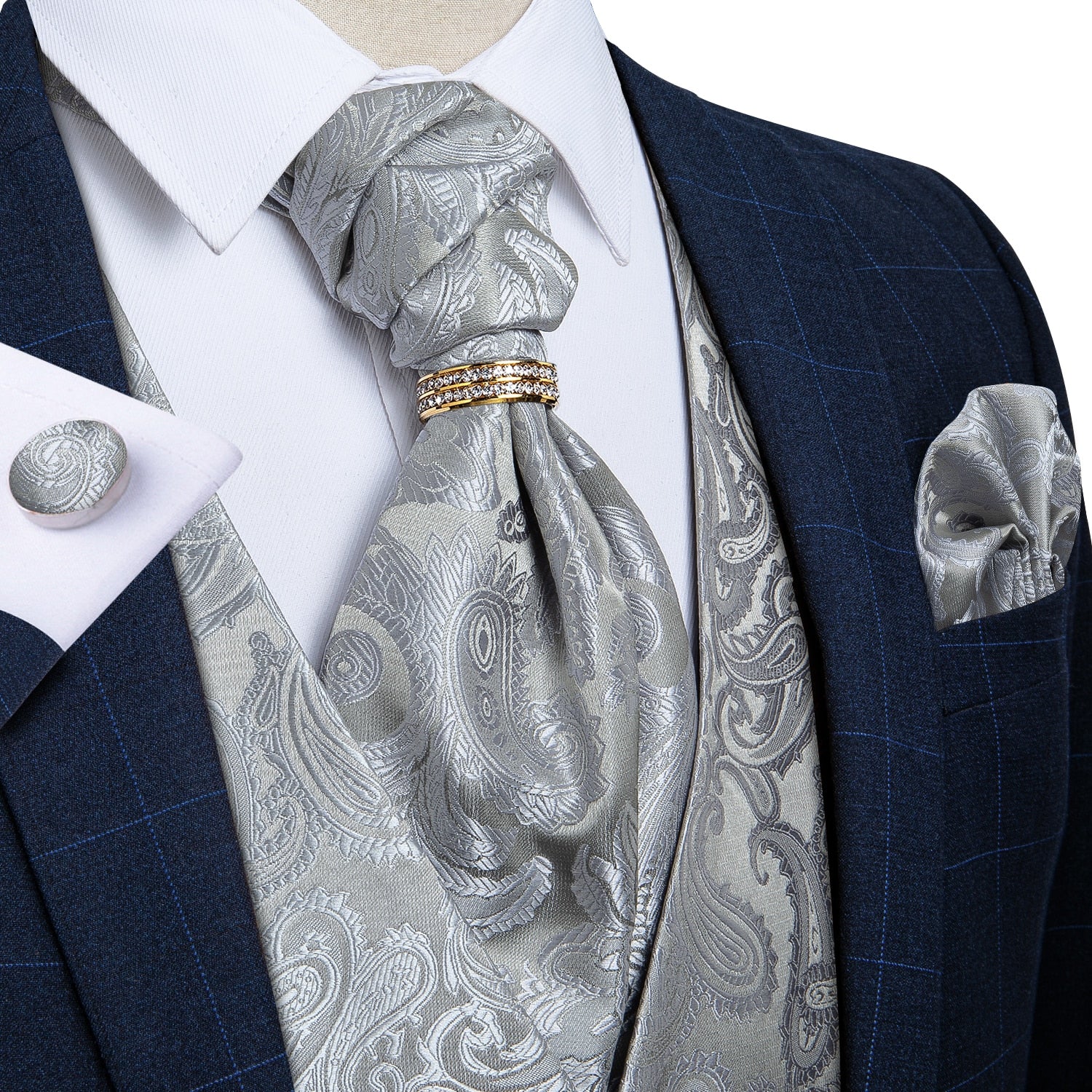 Voguable Men Suit Vest silver Paisley Floral Silk Wedding Waistcoat Men Ascot Tie Pocket Square Necktie Ring Sleeveless Jacket DiBanGu voguable