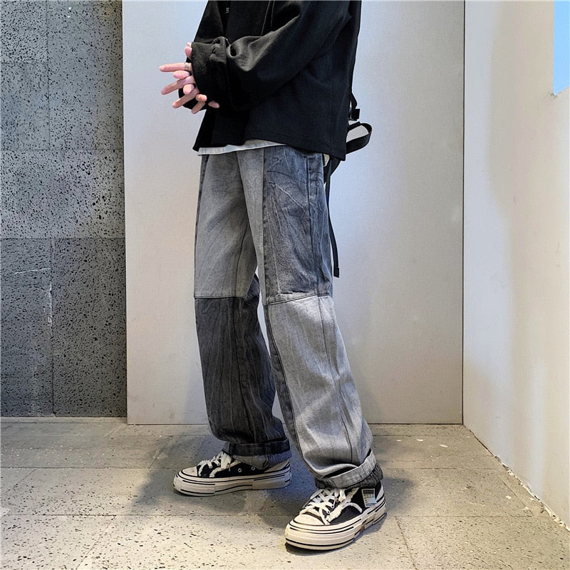 Voguable Korean Style Fashion Men's Denim Wide-leg Pants 2021 New Autumn Loose Straight-leg Jeans Paneled Denim Trousers Male voguable