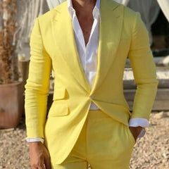 Voguable Yellow Linen Beach Men Suits Slim Fit 2 Piece Wedding Groom Tuxedo with Peaked Lapel Male Fashion Costume Blazer with Pants voguable