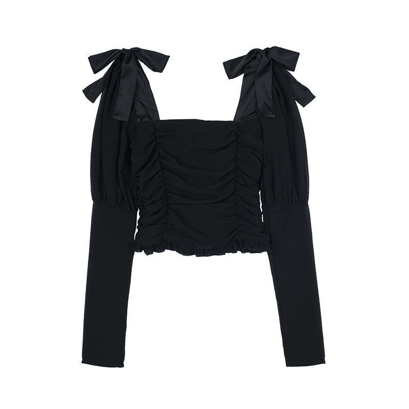 Voguable 2022 Elegant Square Collar Women Spring Shirts Solid Color Puff Sleeve Slim Blouses Crop Tops Ladies Sexy V-neck Long Sleeve Shirt voguable