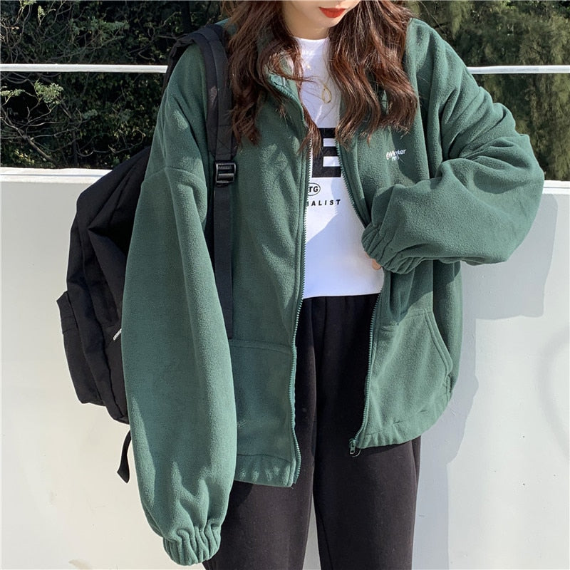 Voguable Harajuku Women Zip-up Hoodies Plus Velvet Fleece Warm Winter Sweatshirts Jacket Casual Loose Stand Collar Oversized Hoodie 2020 voguable