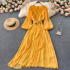 Autumn Women Brown/Purple/Yellow Polka Dot Chiffon Pleated Long Dress Vintage O-Neck Puff Sleeve Draped Vestidos Female New voguable