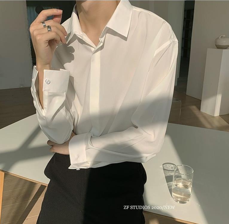 Voguable Ice Silk Sexy Mens Shirts Top Quality Drape Solid Color Loose Harajuku White Longsleeve Shirt for Men Japanese Streetwear voguable
