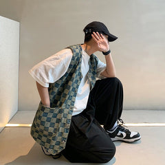 Vests Men Designed High Street Plaid Printed Chic Ins Japan Style Male Cargo Waistcoats Loose Multi Pockets Fashion All-match voguable