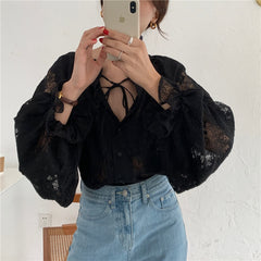Voguable 2022 Women Blouse with Lace Lantern Long Sleeve Transparent Blouse Loose Sexy Cardigan Lace Shirt Spring Black Lace Top 10202 voguable