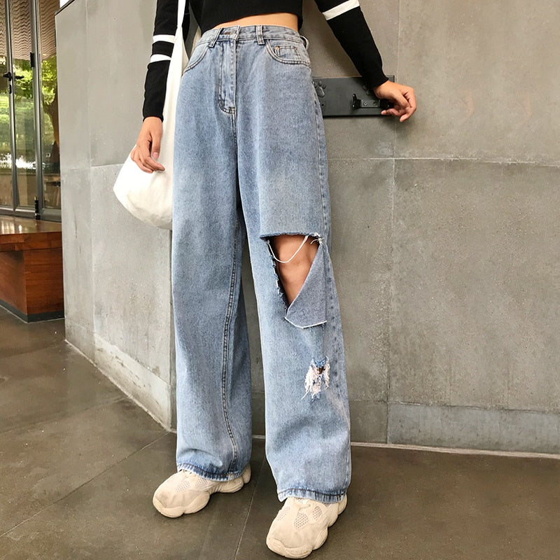 Voguable Woman Jeans Spring 2022 High Waist Ripped Jeans Big Size Fashion Women Clothes Wide Leg Denim hole Blue Streetwear Loose Pants voguable