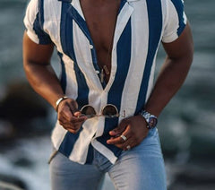 Voguable New Casual Striped Printed Short Sleeve Shirts For Men Summer Fashion Buttoned Tops Men's Turn-down Collar Shirt 2021 Streetwear voguable