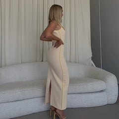 Hugcitar Bright Line Decoration Slip Backless U Neck Skinny Maxi Dress 2022 Spring Bodycon Fashion Y2K Streetwear Outfits voguable