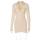 Voguable 2022 Solid Pleated Polo Neck Long Sleeves Mini Dress Summer Autumn Women Fashion Streetwear Y2K Elegant Wear voguable