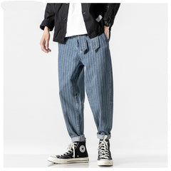 Voguable  Men's 2021 Streetwear Loose Denim Pants With Belt Men Spring Striped Oversize Harem Pants Male Fashion Pockets Jeans voguable