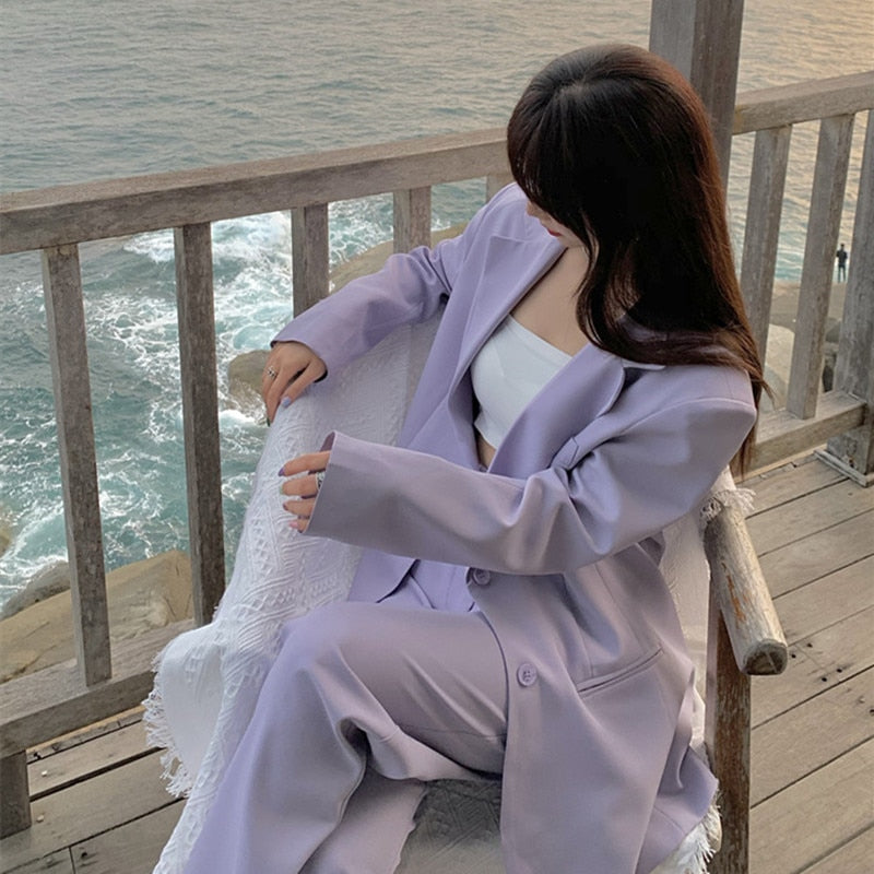 Spring Autumn Purple Blazer Sets Women Two Piece Set Long Sleeve Suit Jacket and Straight Wide Leg Pant Office 2 Piece Outfits voguable