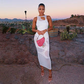 Sleeveless O-Neck Solid Patchwork Mesh Maxi Dress Autumn Winter Women Fashion Sexy Party Club Elegant Clthings voguable