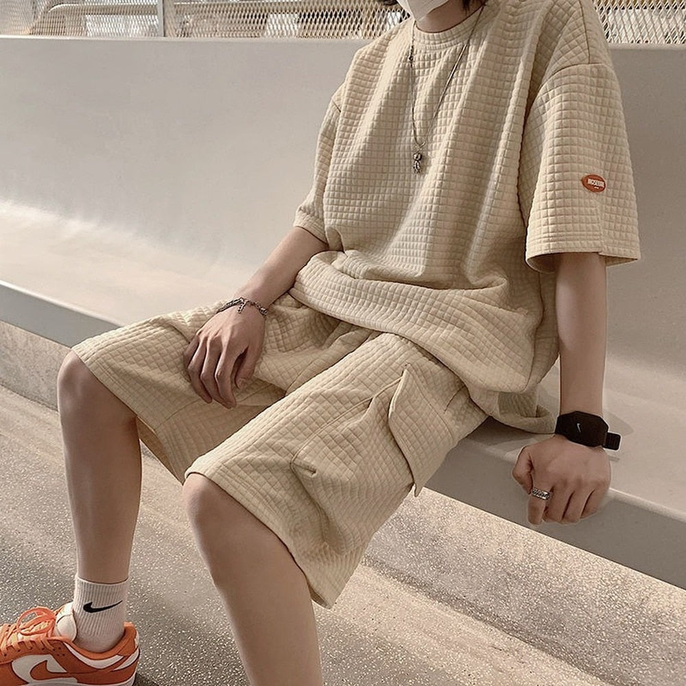 Voguable Men Short Sleeve Tee Oversized T-shirts Men's Sets Male Chic Casual Clothing Summer Cargo Shorts Set Two Piece Loose Tracksuit voguable