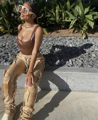 Multi Pocket Drawstring Stacked Sweatpants Street Style Tie Dye Cargo Pants Y2k Clothes Women 2021 Trousers voguable