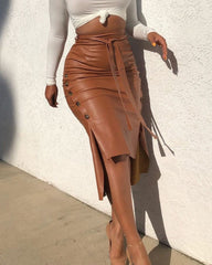 Women's Faux Leather Midi Skirt High Waist Button Solid Color Slit Bodycon Pencil Skirts with Belt Brown Black voguable