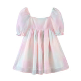 Voguable Sweet Women Multicolor Tie Dye Princess Party Dresses Sexy Square Neck Puff Sleeve Organza Dress Summer Short Vestido voguable