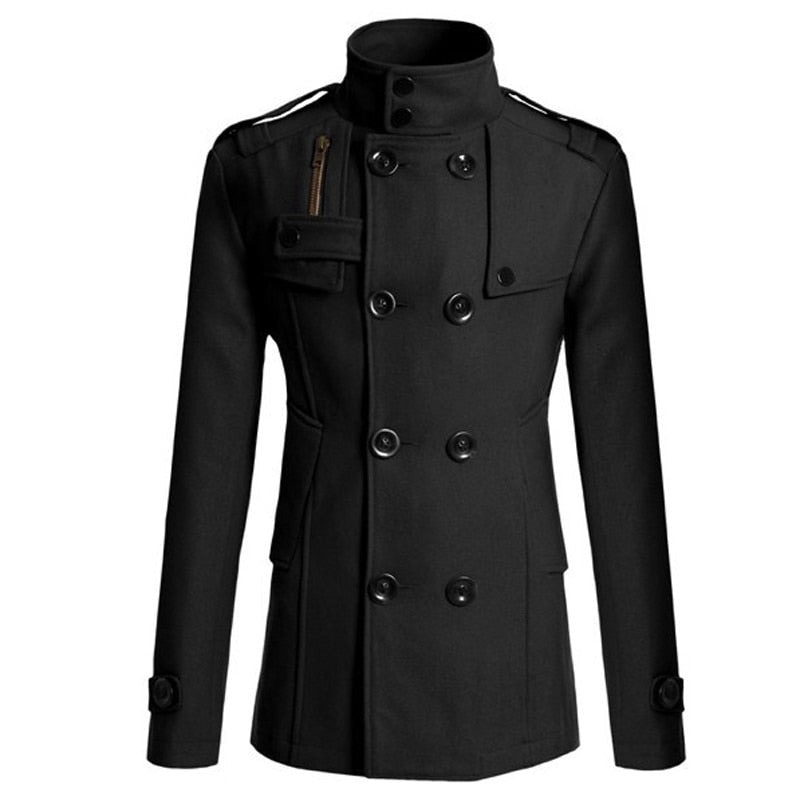 Voguable 2022 Winter New British Style Wool Coat Men Double Breasted Mens Overcoat Stand Collar Slim Fit Trench Coat Outwear Windbreaker voguable