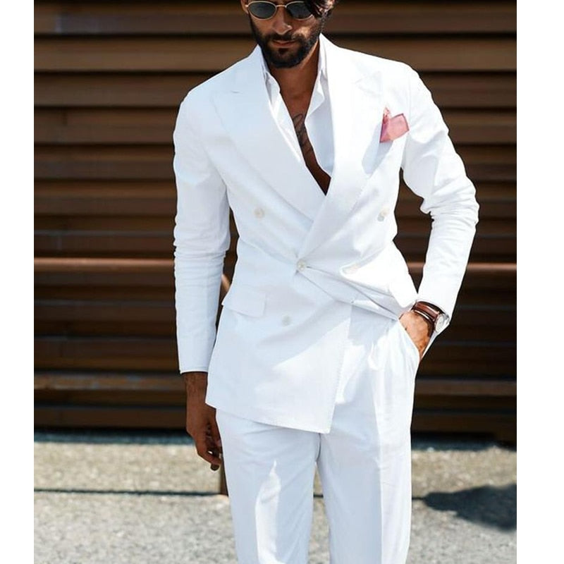 Voguable Double Breasted Men Suits White Slim Fit Wedding Tuxedo for Groom 2 Piece Casual Style Male Fashion Jacket with Pants 2021 voguable
