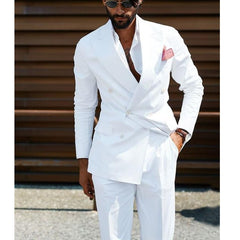 Voguable Double Breasted Men Suits White Slim Fit Wedding Tuxedo for Groom 2 Piece Casual Style Male Fashion Jacket with Pants 2021 voguable