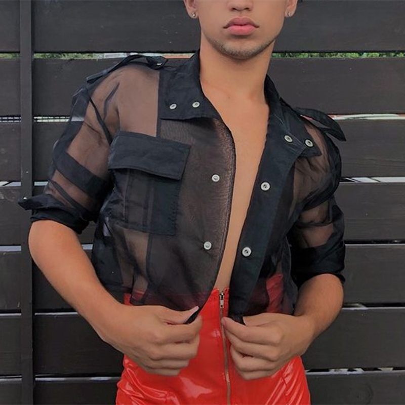 Voguable Tops 2022 Stylish Men's Sexy Blouse American Style See-through Party Nightclub Breathable Mesh Short Thin Shirts S-5XL 7 voguable