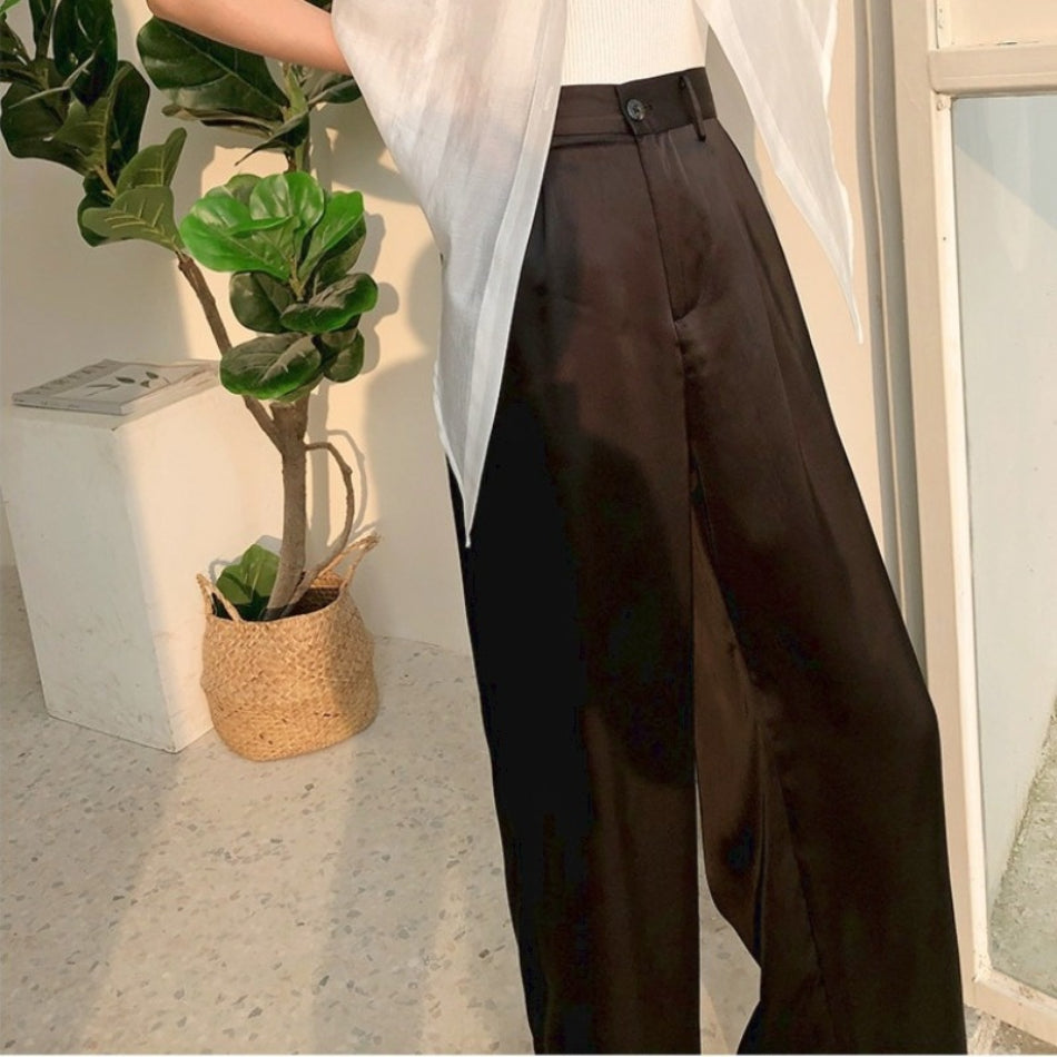 2022 Summer Autumn Silk Satin Women's Pants Loose Classic Black Straight High Waist Casual Korean Wide Leg Trousers for Women voguable